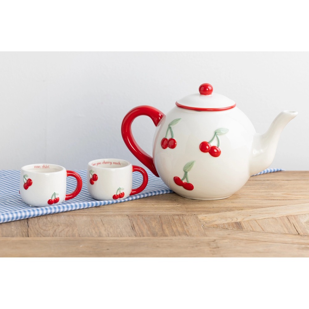 Cherry Ceramic Teapot (41 oz) with Lid and 2 mugs (3 oz)